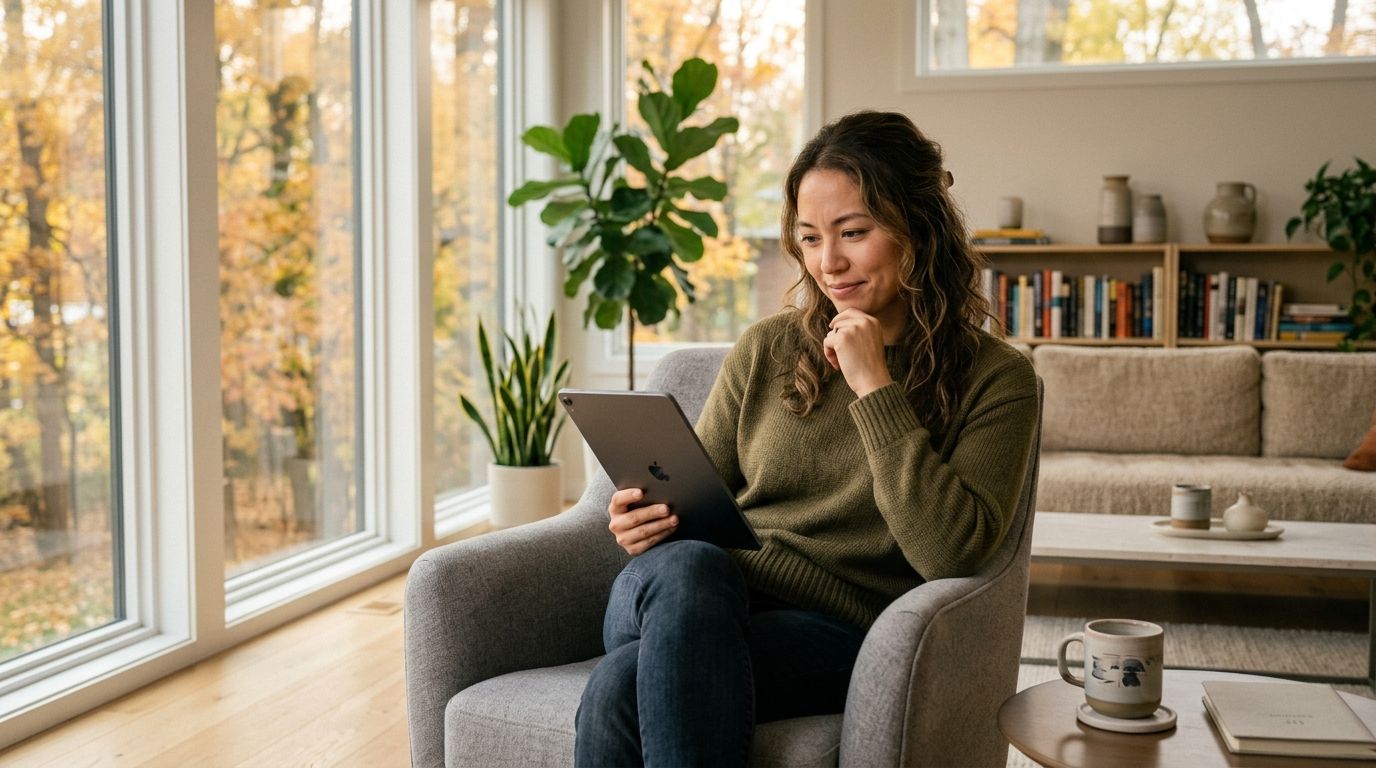 A woman wearing a green sweater sits in an armchair, thoughtfully looking at her tablet in a cozy home.
