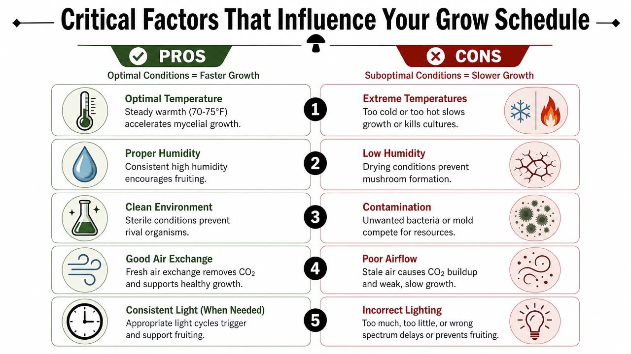 An infographic illustrating critical factors that influence mushroom growth, contrasting optimal pros with suboptimal cons.