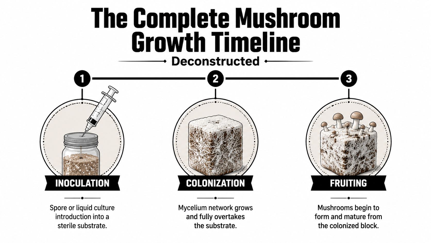 An infographic illustrating the three-stage mushroom growth timeline, including inoculation, colonization, and the final fruiting process.