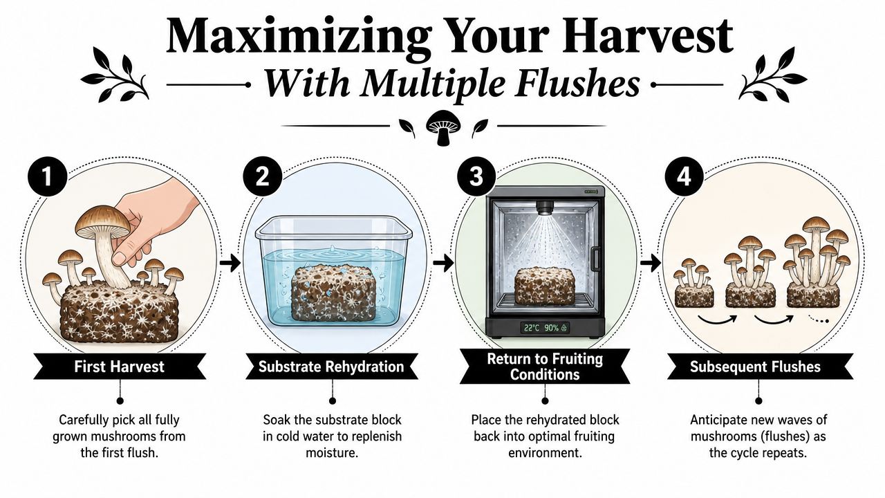 A four-step infographic illustrating how to maximize mushroom harvests through rehydration and multiple flushes.