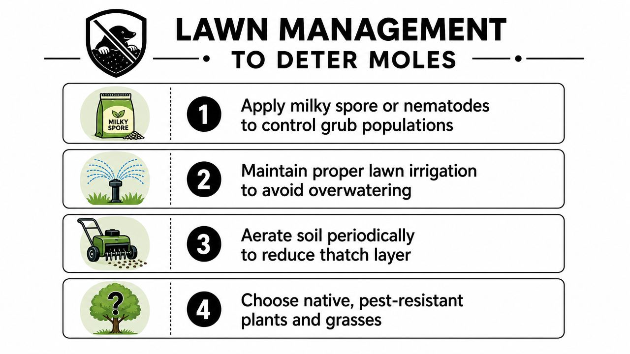 An infographic detailing four effective lawn management steps to deter moles from your yard and garden.