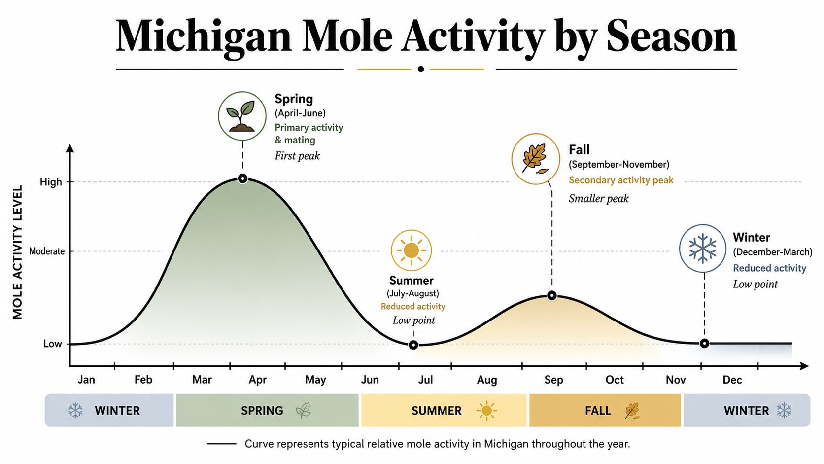 A graph showing Michigan mole activity levels throughout the year with seasonal peaks and low points.