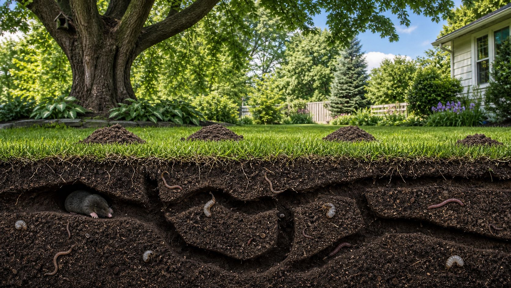A cutaway view of a backyard showing a mole tunneling through soil near white grubs and earthworms.