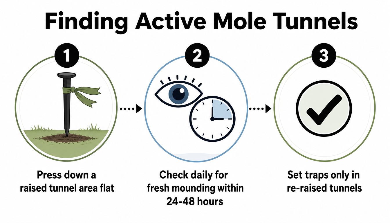 A three-step infographic showing how to identify and find active mole tunnels in a lawn.