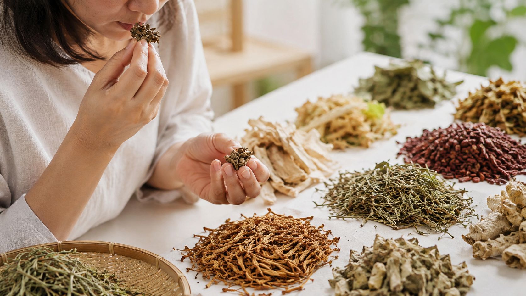 A woman examines and smells dried medicinal herbs and roots on a white table for traditional Chinese medicine.