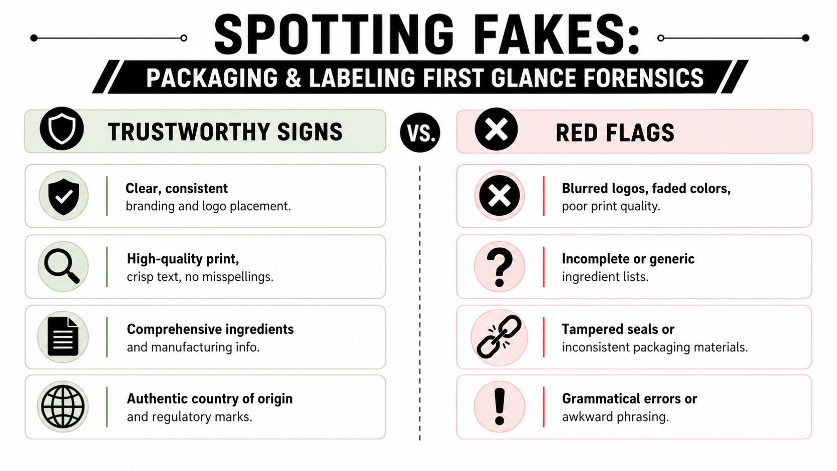An infographic titled Spotting Fakes showing a comparison between trustworthy signs and red flags for product packaging.