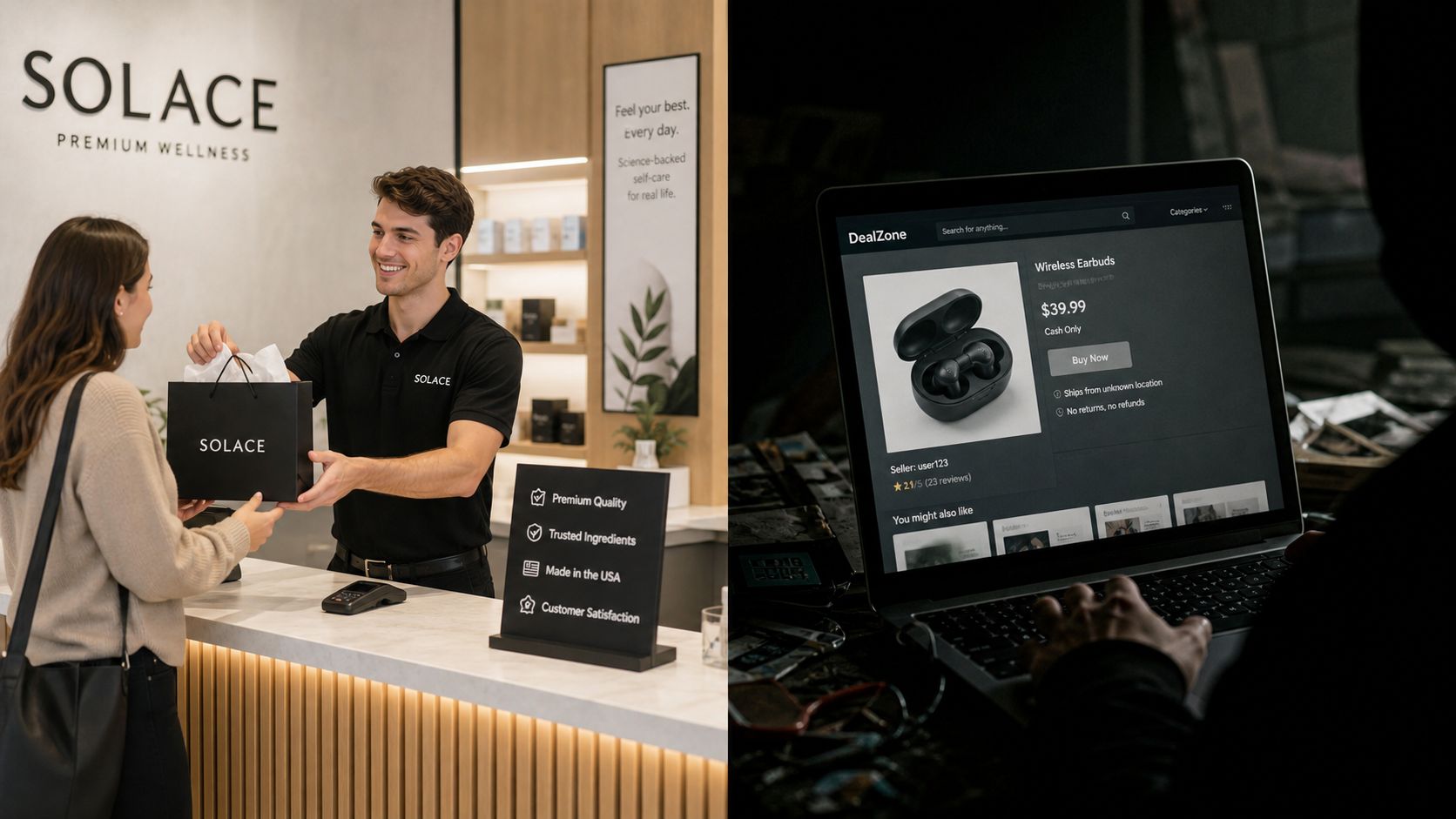 A split image contrasting a legitimate retail wellness store transaction with a suspicious online marketplace product listing.