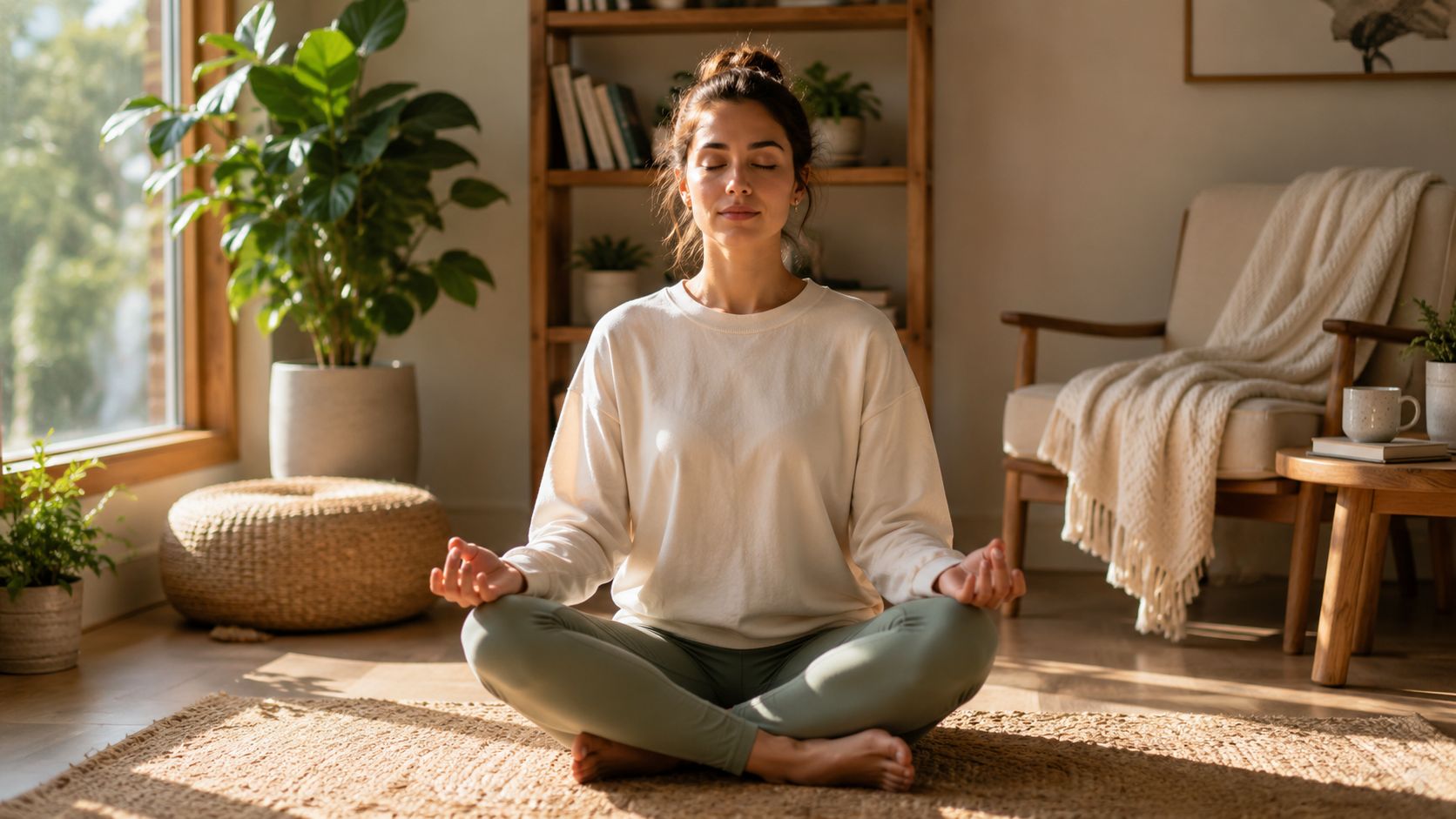 A young woman sits in a peaceful meditation pose on a jute rug in a bright, sunlit room.