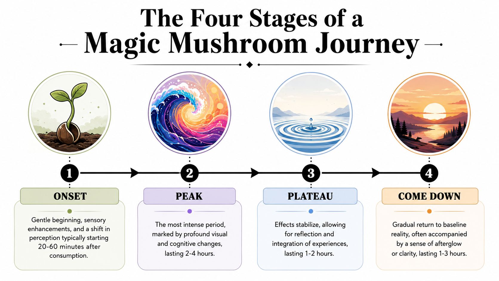 A four-stage infographic explaining the journey of a magic mushroom experience from onset to come down.