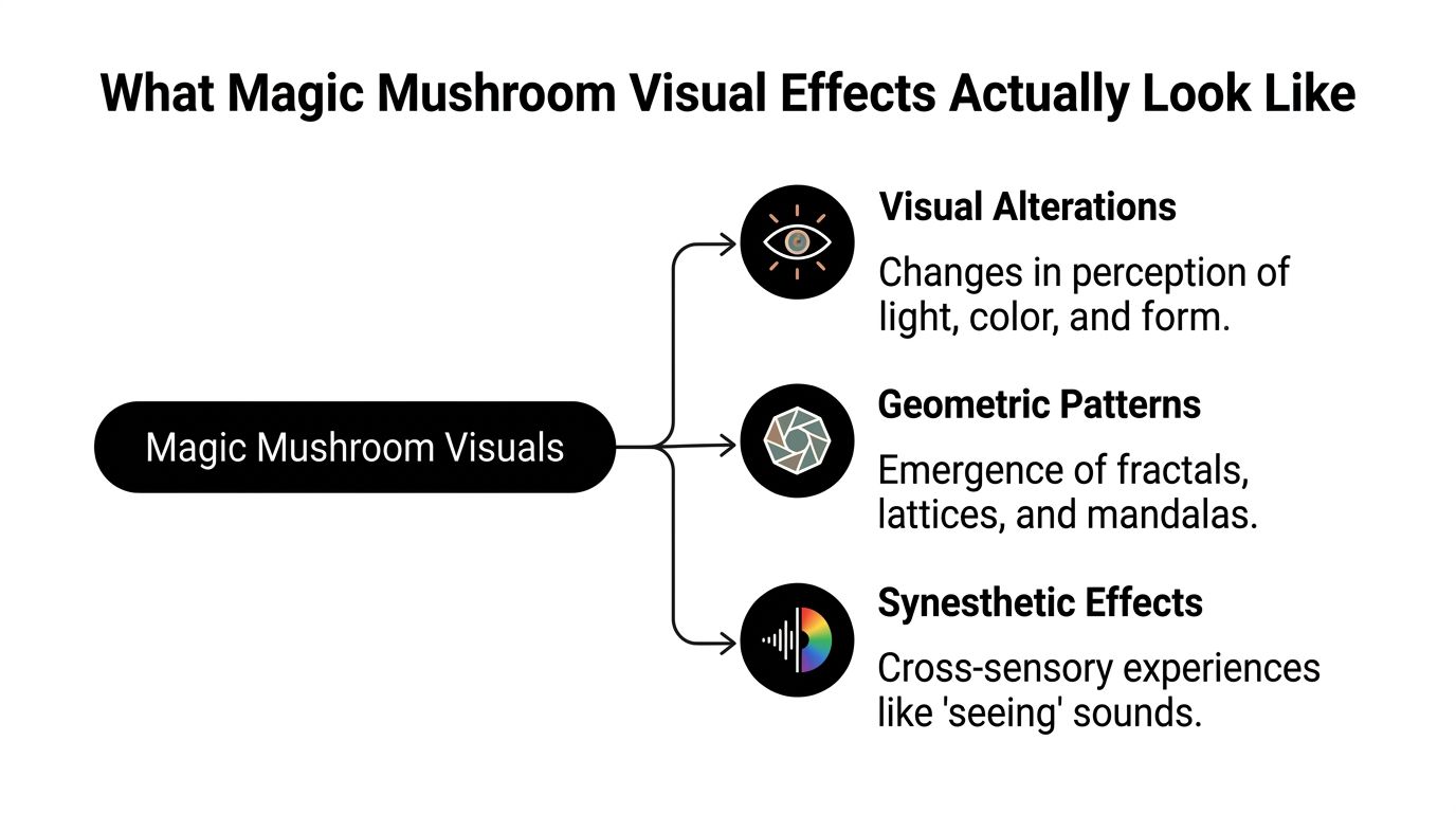 A diagram illustrating the three types of magic mushroom visual effects: visual alterations, geometric patterns, and synesthetic effects.