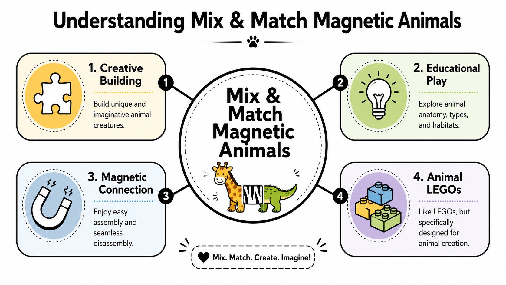 An infographic titled Understanding Mix & Match Magnetic Animals, highlighting four key educational and creative play benefits.