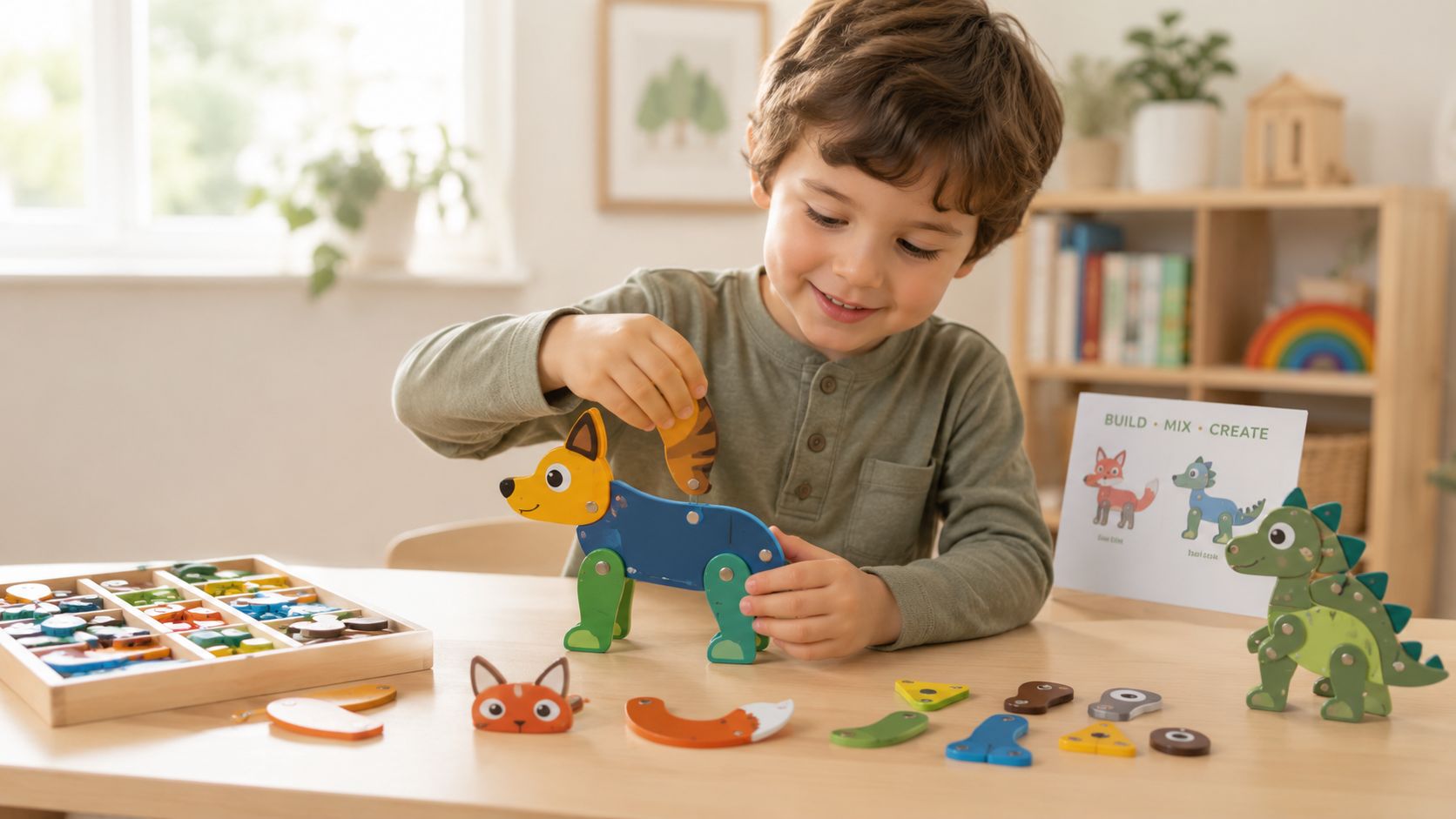 A young boy smiling while assembling a magnetic animal toy at a wooden table in a nursery.