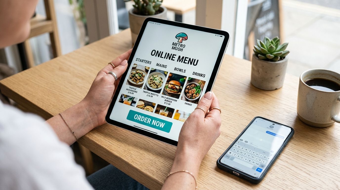 A person holding a tablet displaying a Metro Mush restaurant menu while sitting at a wooden table.