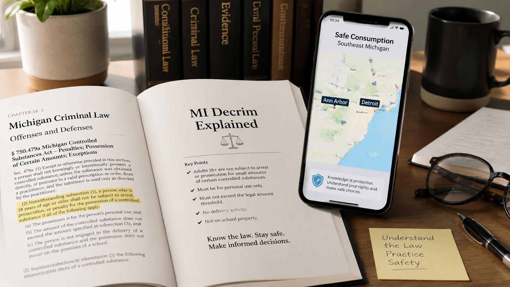 An open legal textbook next to a smartphone displaying a map of Southeast Michigan and safety information.