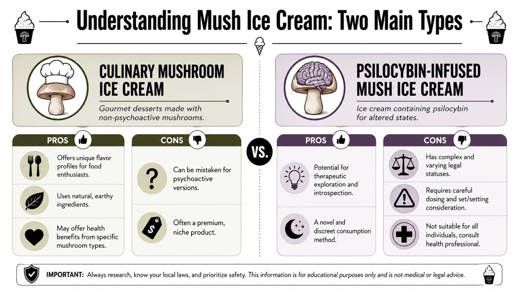 An infographic comparing culinary mushroom ice cream to psilocybin-infused mushroom ice cream with pros and cons listed.