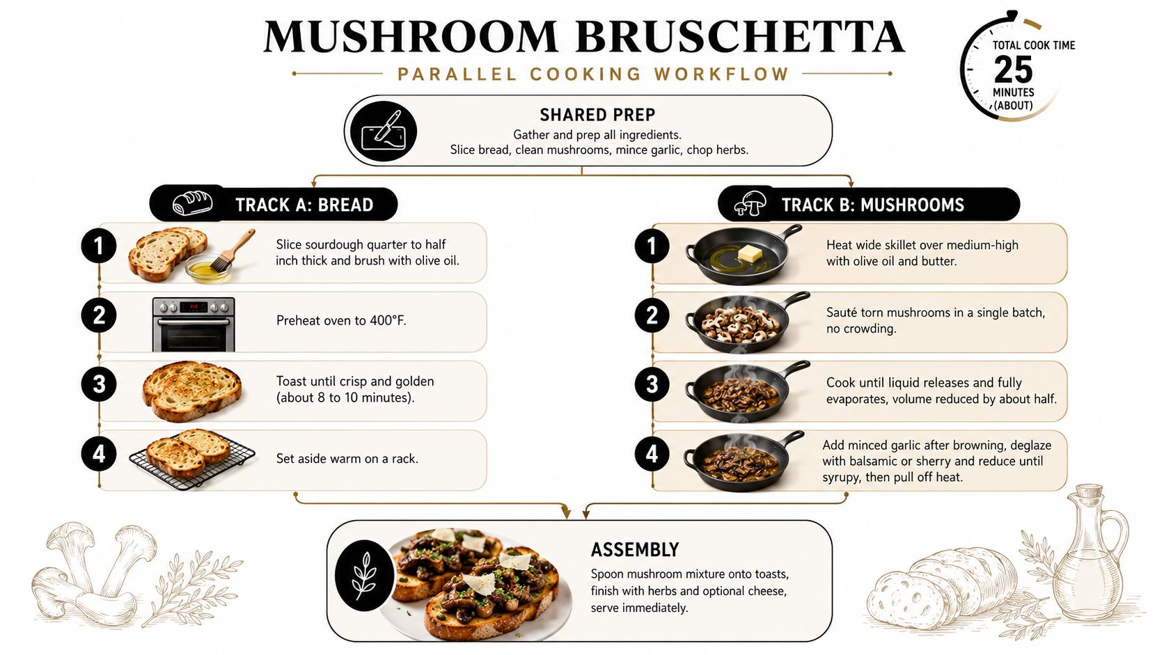 A cooking workflow infographic illustrating a simple parallel process for preparing a delicious mushroom bruschetta recipe.