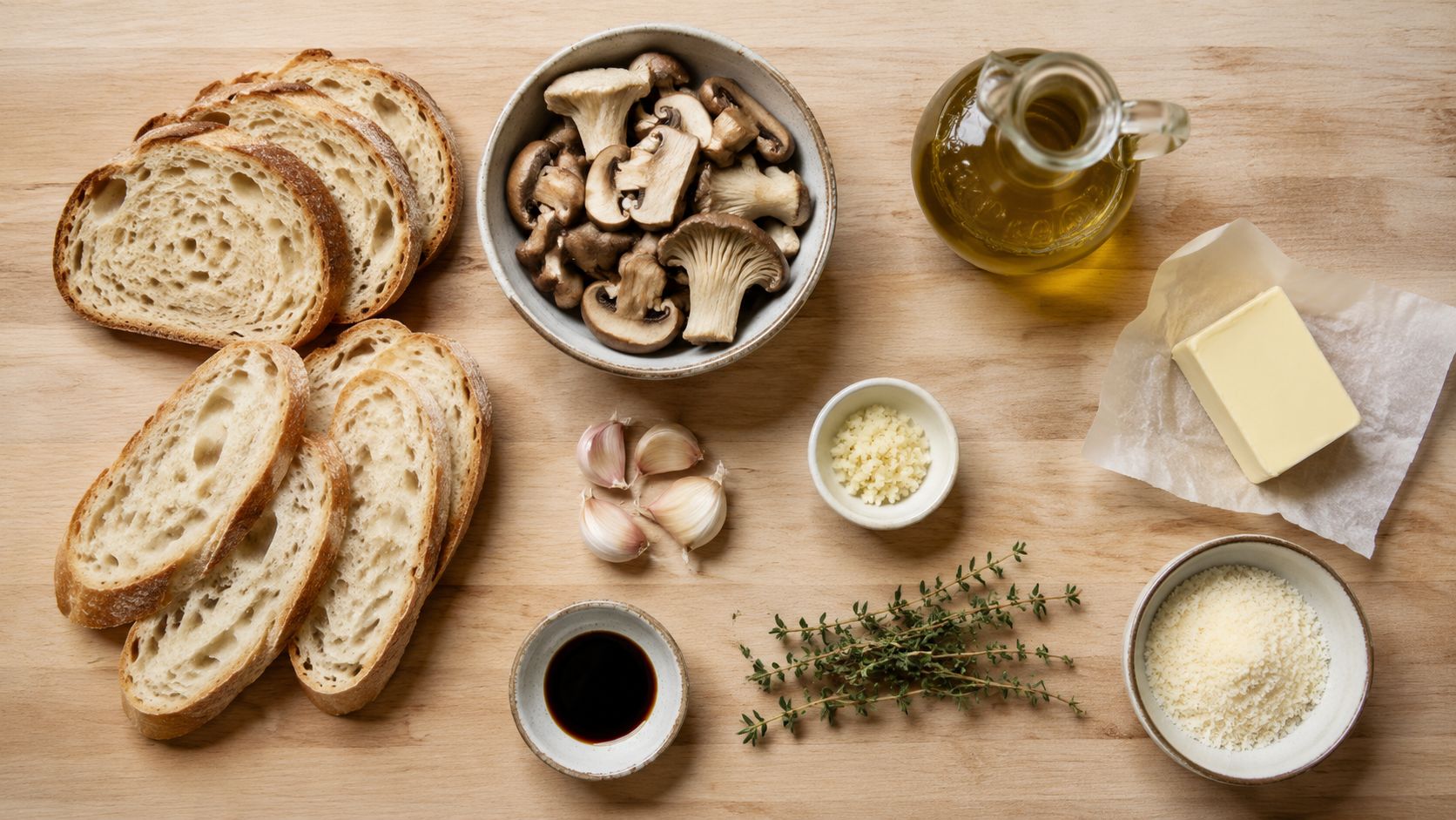 Fresh ingredients for making mushroom bruschetta, including sliced sourdough bread, assorted mushrooms, butter, cheese, herbs, and seasonings.