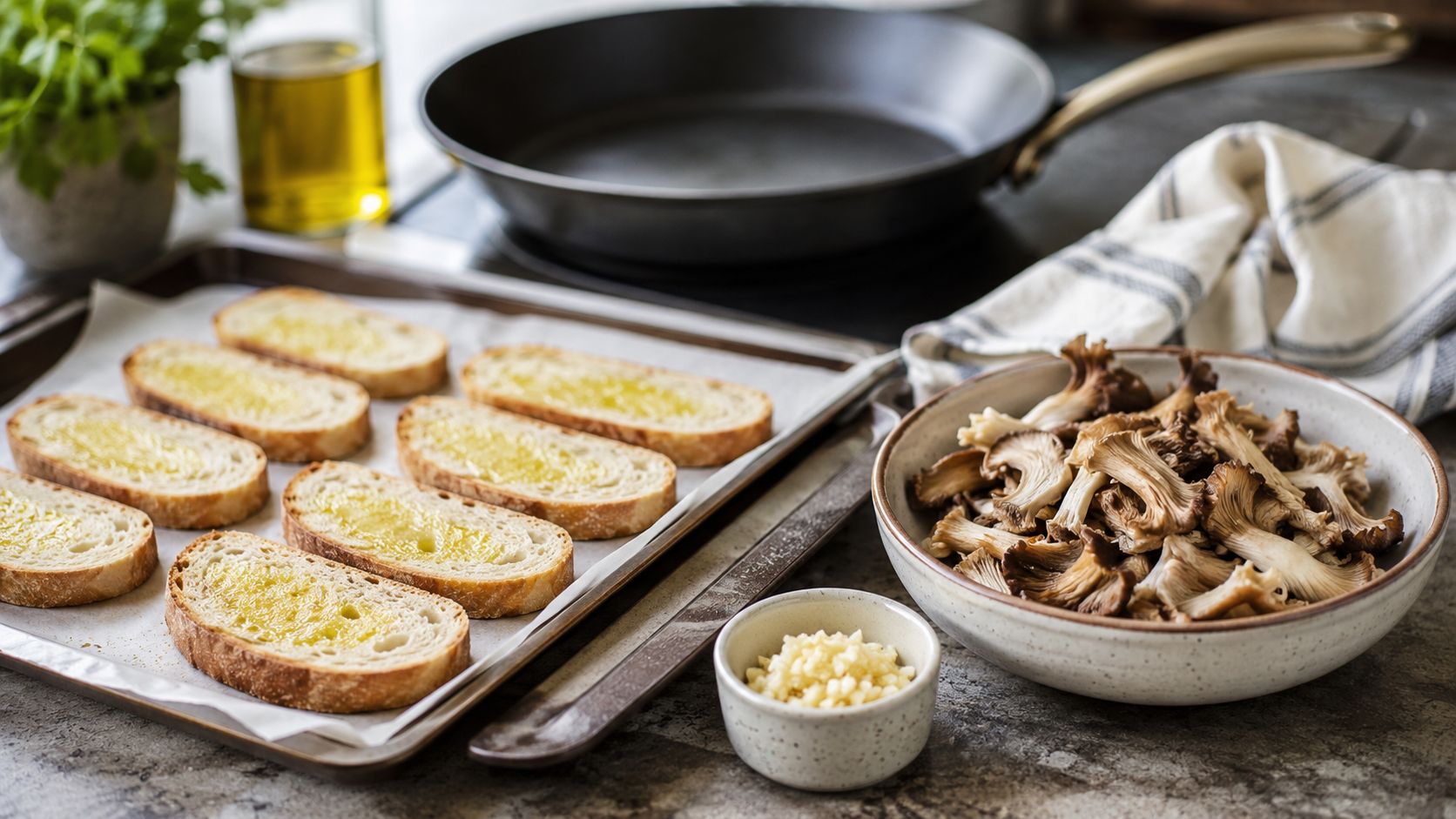 A preparation station with sliced bread toasted with olive oil, mushrooms, and garlic ready for cooking.