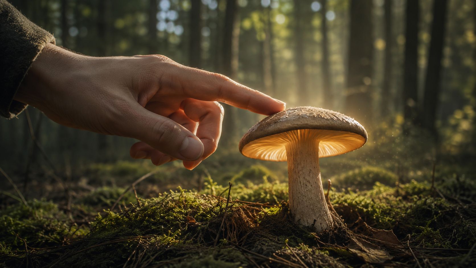 A hand reaching out to touch a glowing, illuminated mushroom on the mossy floor of a forest.
