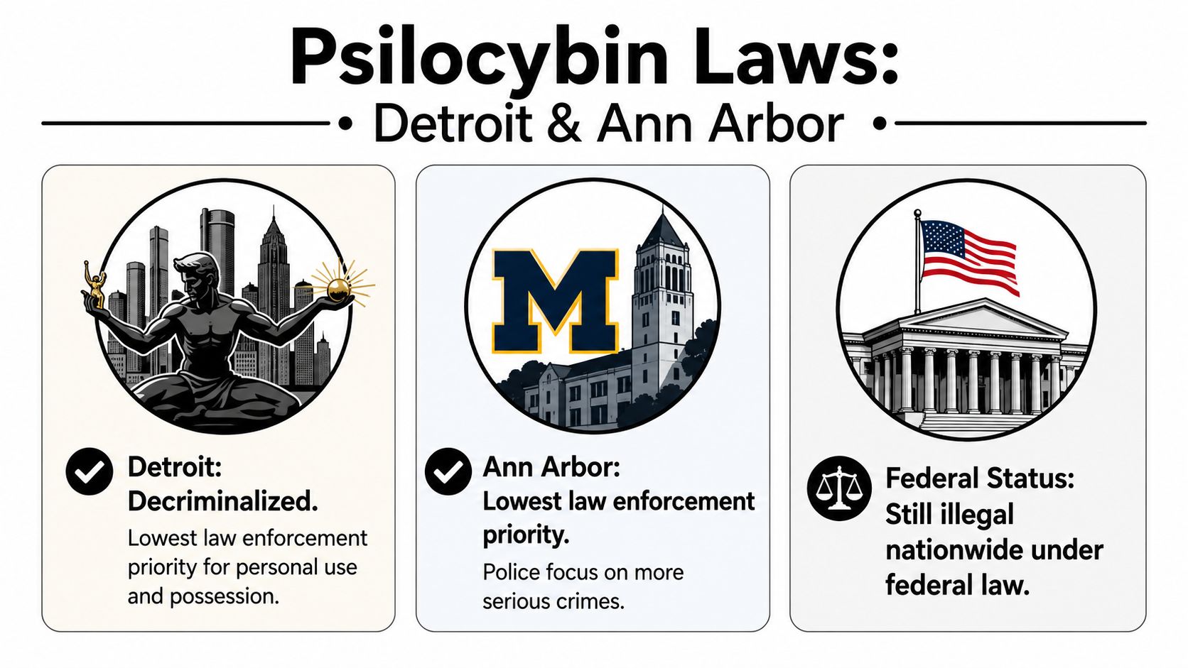 An infographic showing that psilocybin is decriminalized in Detroit and Ann Arbor but illegal under federal law.