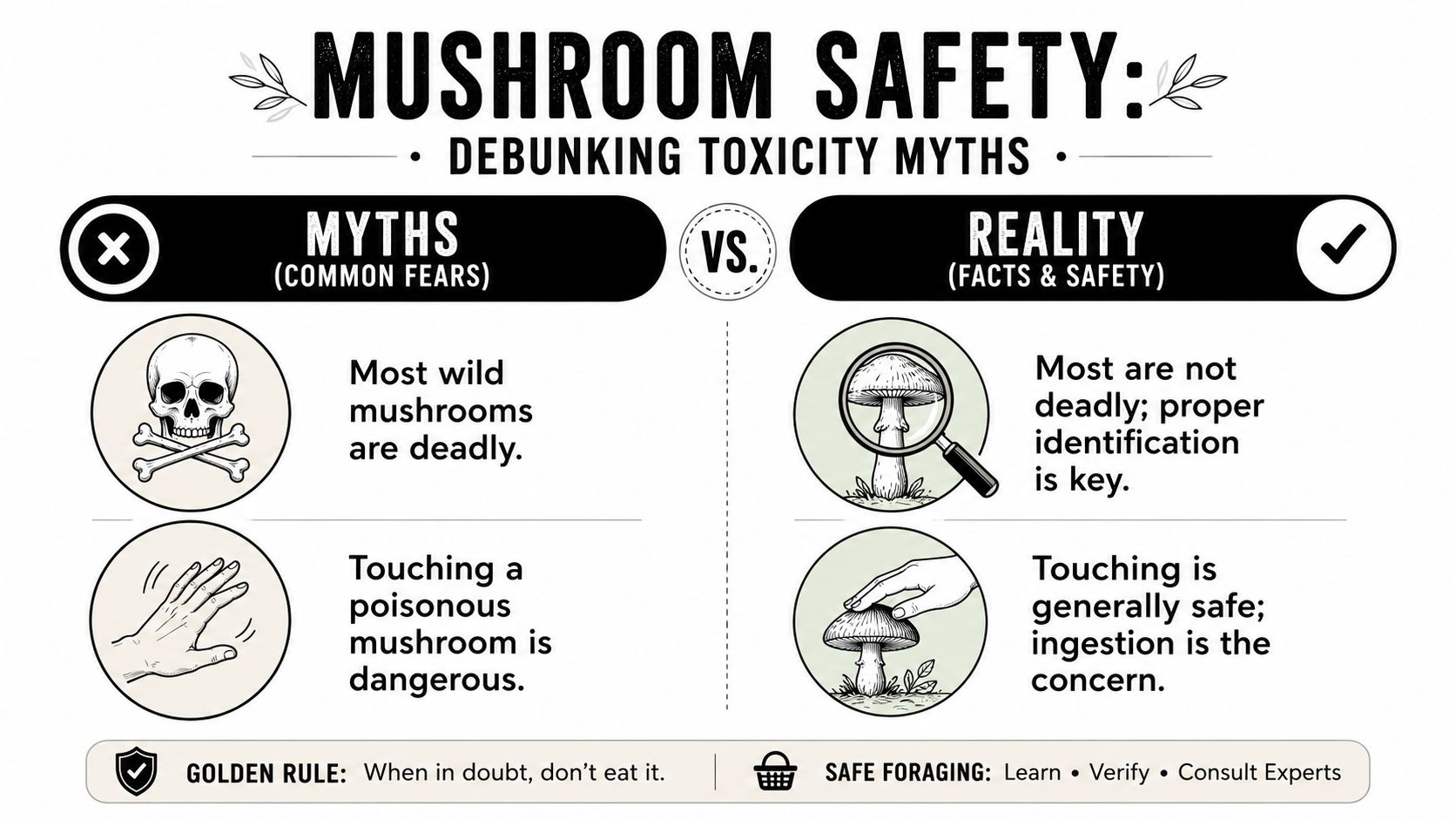An educational infographic debunking common myths about mushroom safety, contrasting fears with facts and safe practices.
