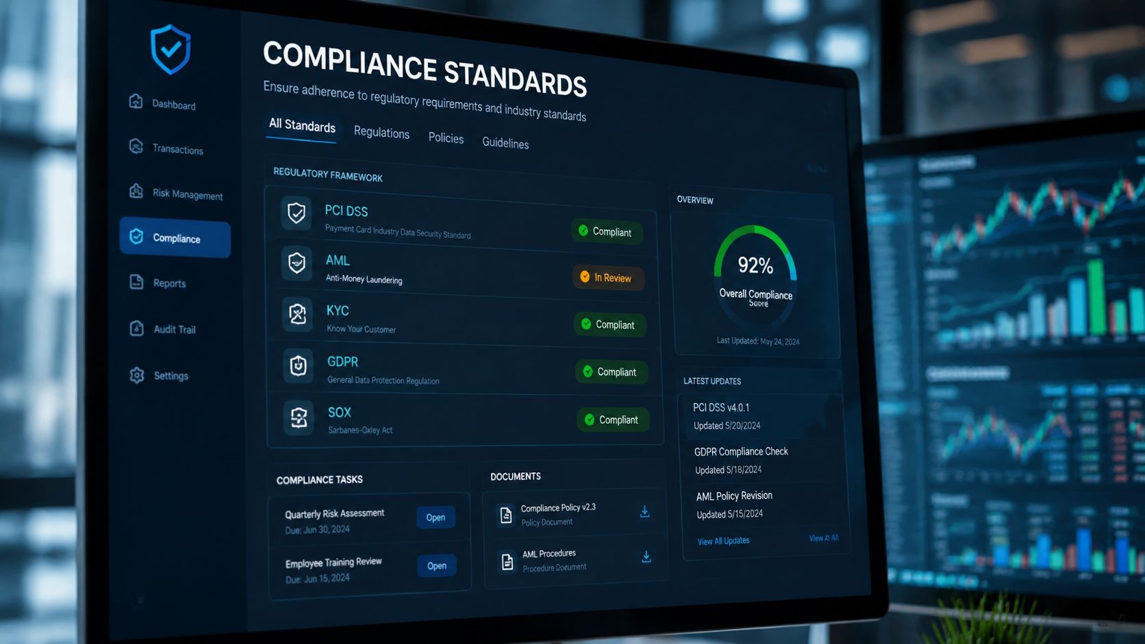 A digital dashboard displaying a regulatory compliance tracker showing various standards like PCI DSS, GDPR, and KYC.