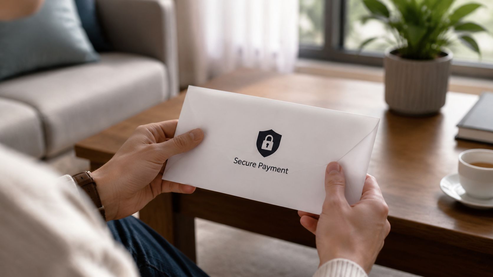 A person holding a white envelope labeled Secure Payment with a shield and lock icon on it.