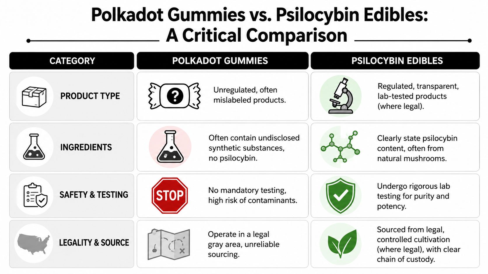 A comparison chart outlining safety, ingredients, and legal risks between Polkadot gummies and regulated psilocybin edibles.