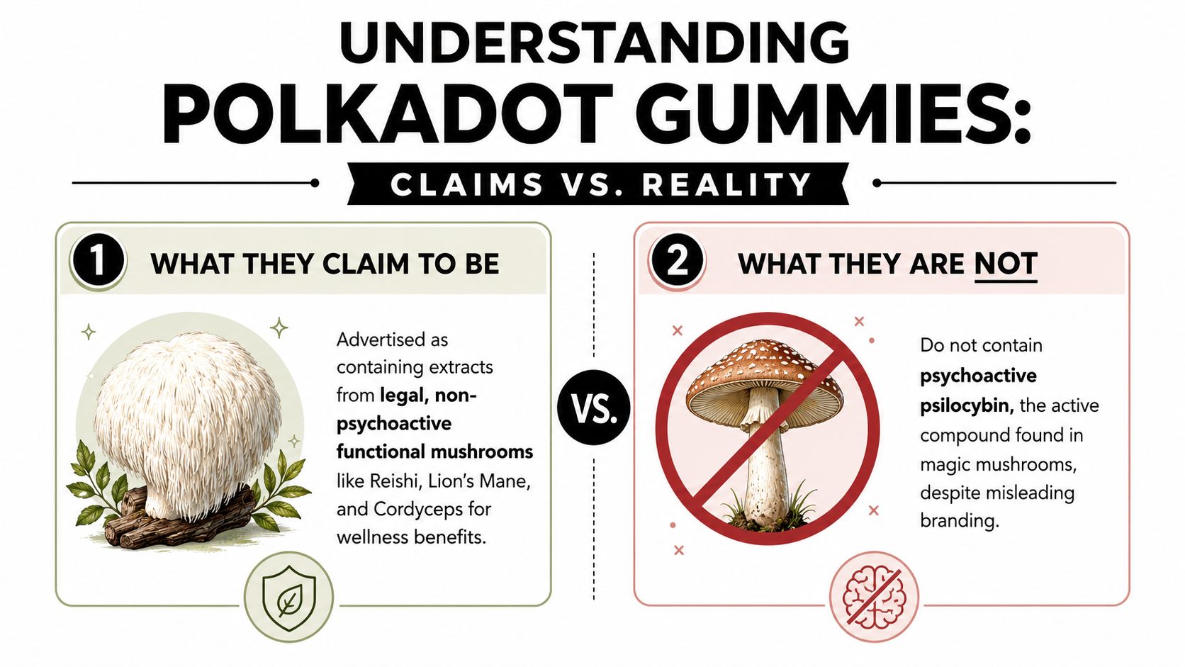 An infographic contrasting the marketing claims of Polkadot gummies versus the reality of their ingredients and composition.