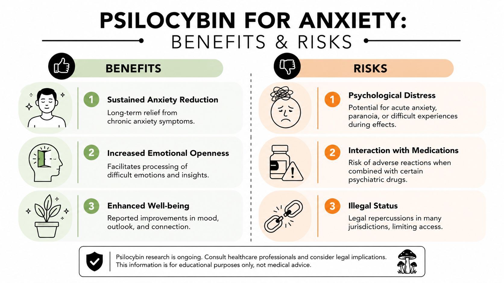 An infographic titled Psilocybin for Anxiety listing three potential benefits and three associated risks of usage.