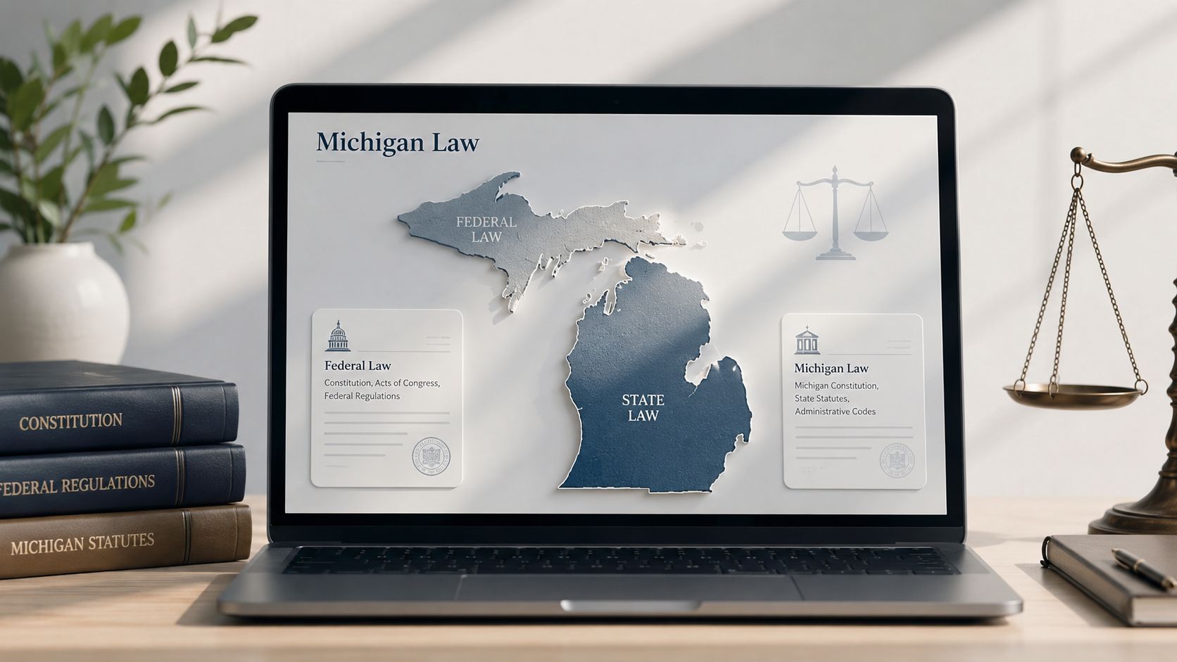A laptop screen displaying an educational graphic comparing Federal Law and Michigan state law on a map.