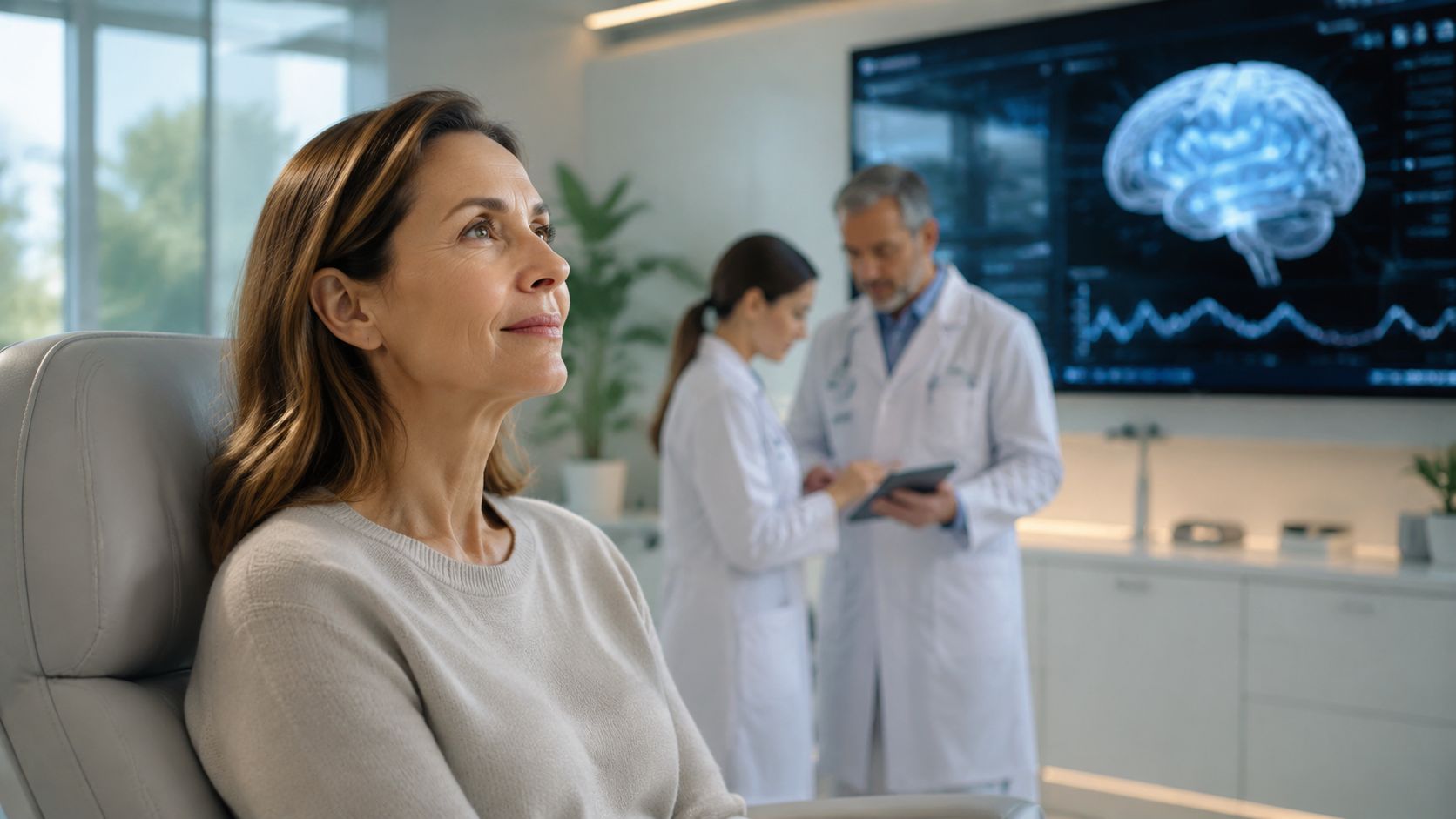 A patient sitting calmly in a doctor's office with medical professionals discussing brain scans on a screen.