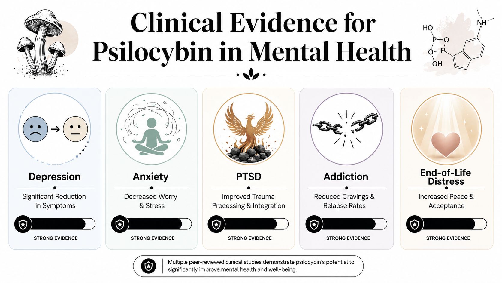 An infographic showing clinical evidence of psilocybin's potential to improve mental health across five major conditions.