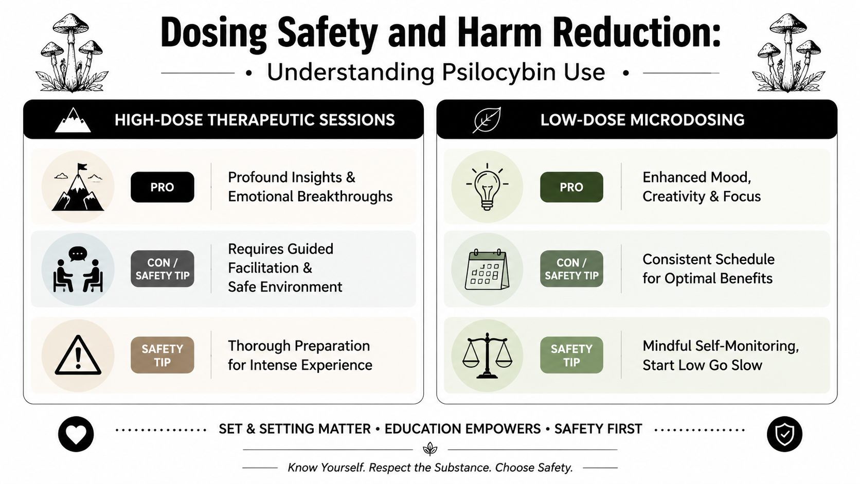 An educational infographic comparing high-dose psilocybin therapy and low-dose microdosing with safety tips and benefits.