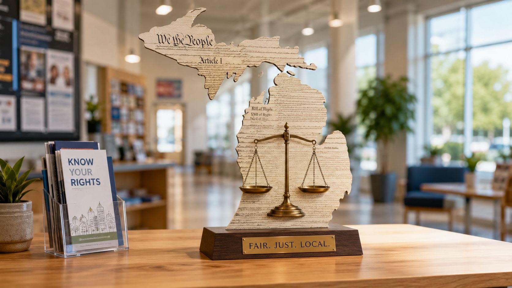 A wooden Michigan state cutout shaped sculpture with a balance scale sits on a desk next to informational pamphlets.
