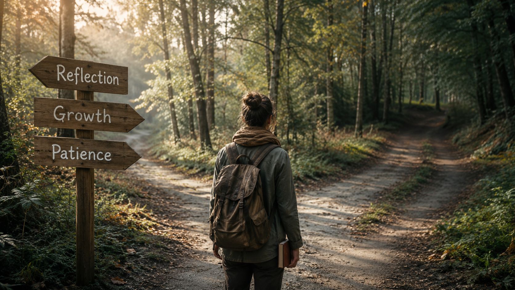 A woman with a backpack standing before a forest fork in the road with wooden signs.