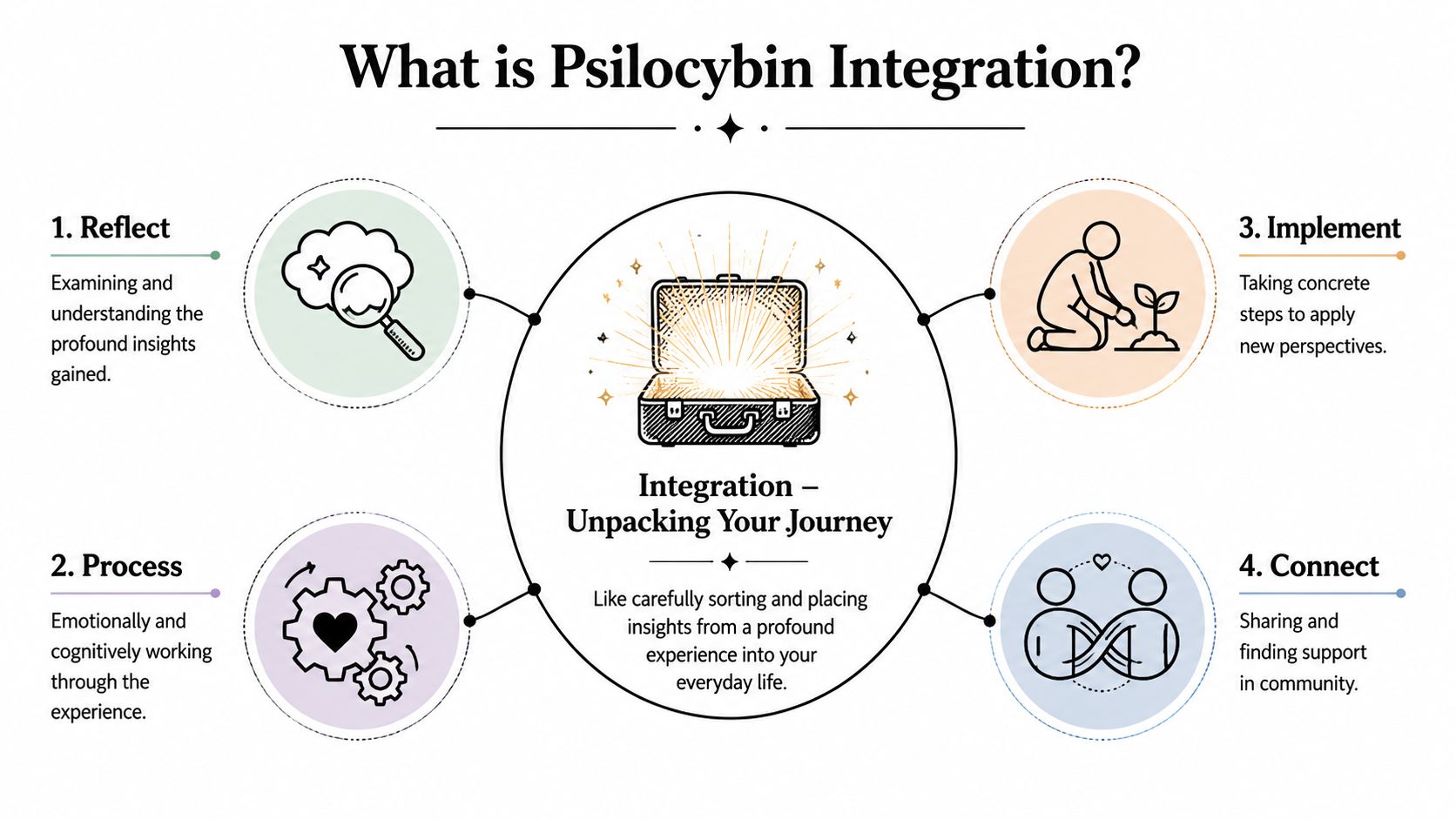 An infographic titled What is Psilocybin Integration explaining the four steps: reflect, process, implement, and connect.