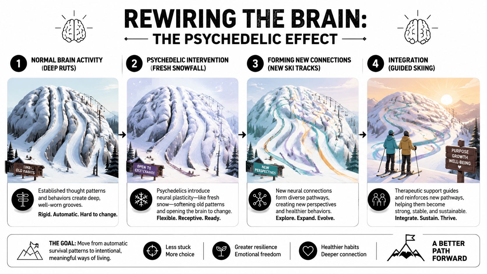 A four-step infographic illustrating the concept of rewiring the brain using psychedelic therapy as a metaphor.
