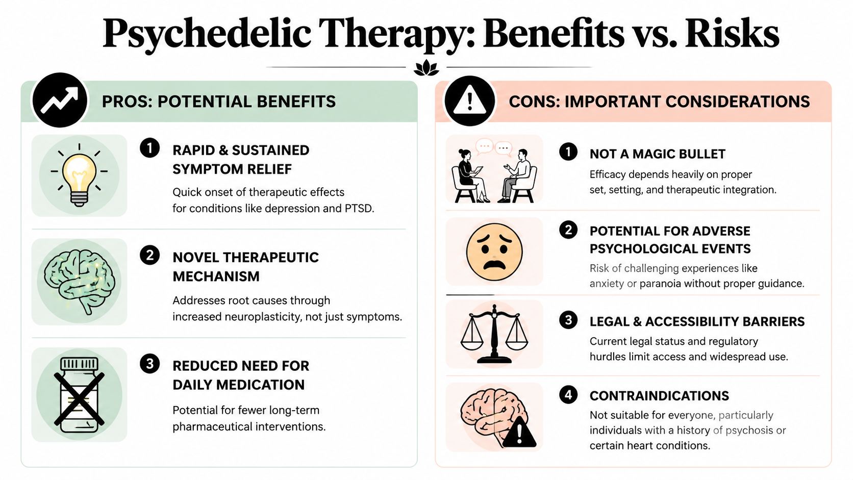 An infographic titled Psychedelic Therapy Benefits vs Risks, outlining key pros and cons of psychedelic treatments.