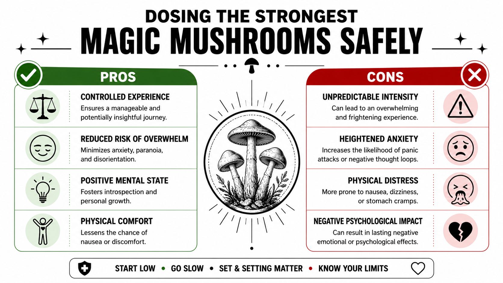 A comparison chart outlining the pros and cons of safely dosing the strongest magic mushrooms for users.