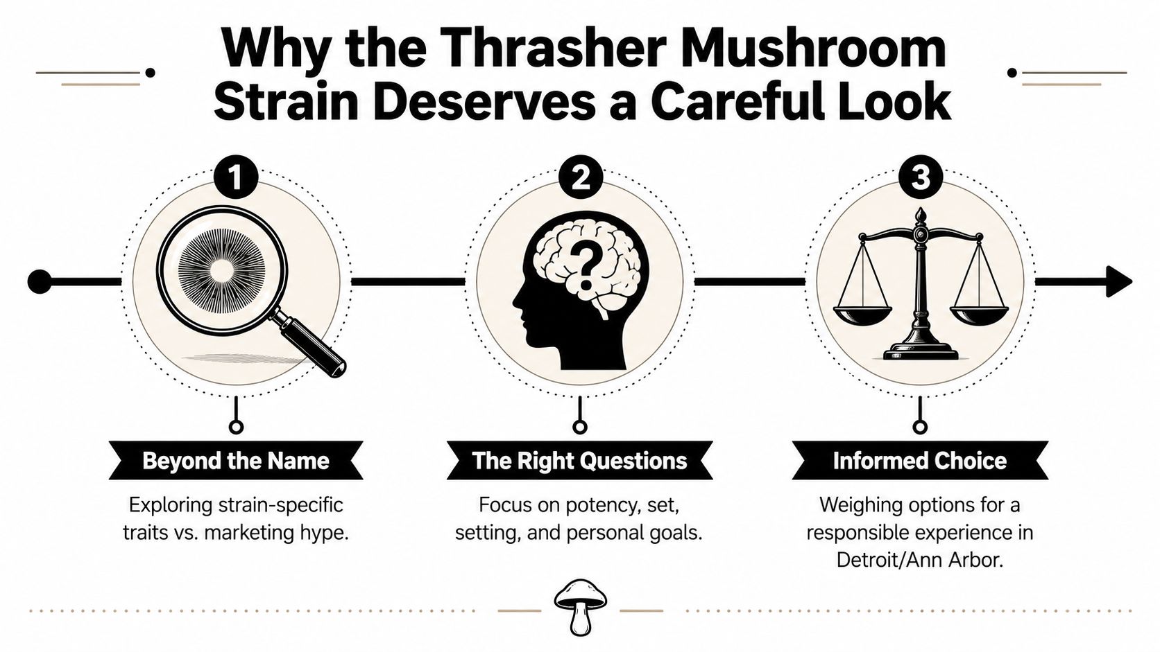 An infographic titled Why the Thrasher Mushroom Strain Deserves a Careful Look, illustrating three key considerations.