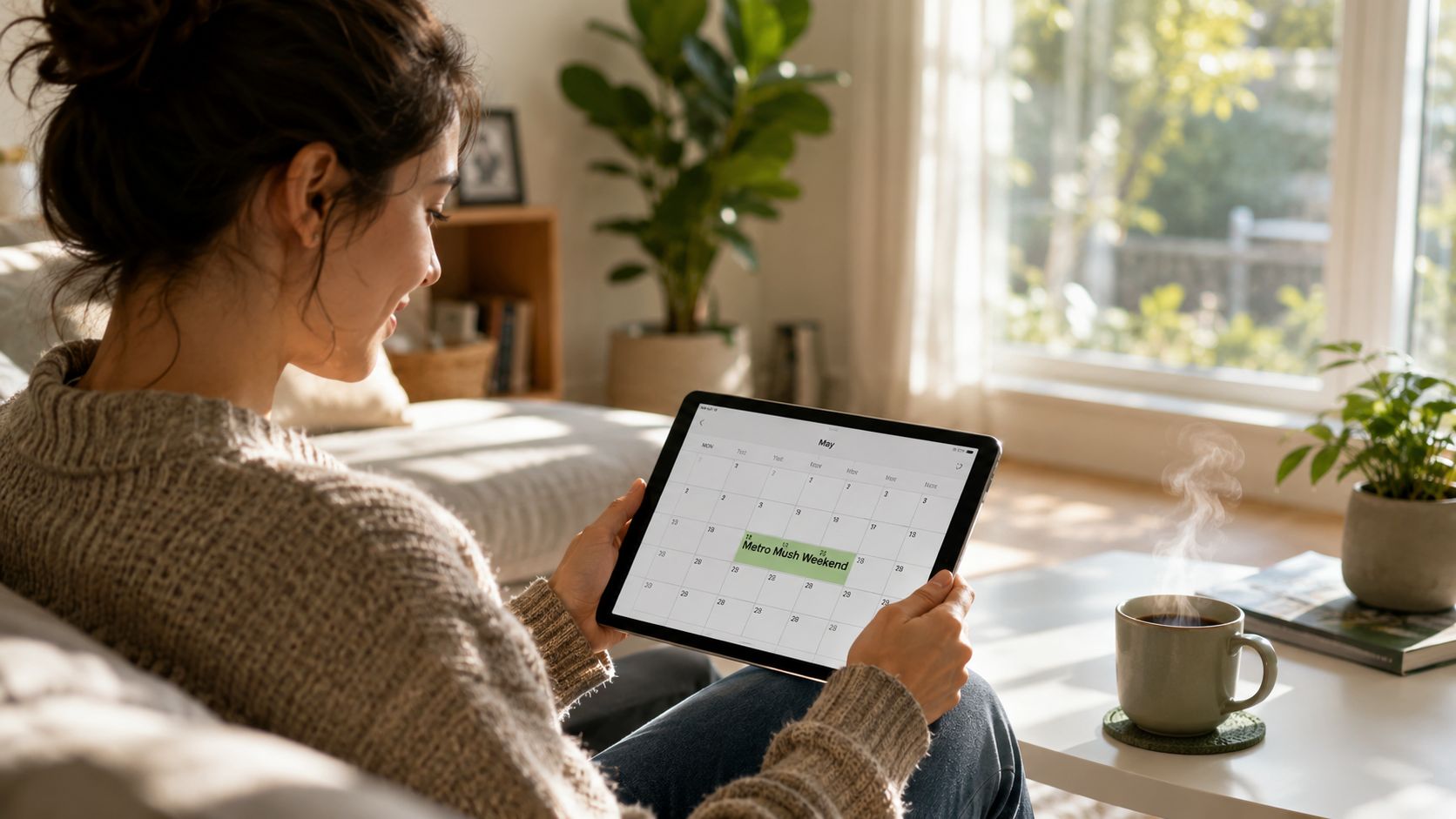 A woman holding a tablet showing a calendar in a cozy sunlit living room with coffee.