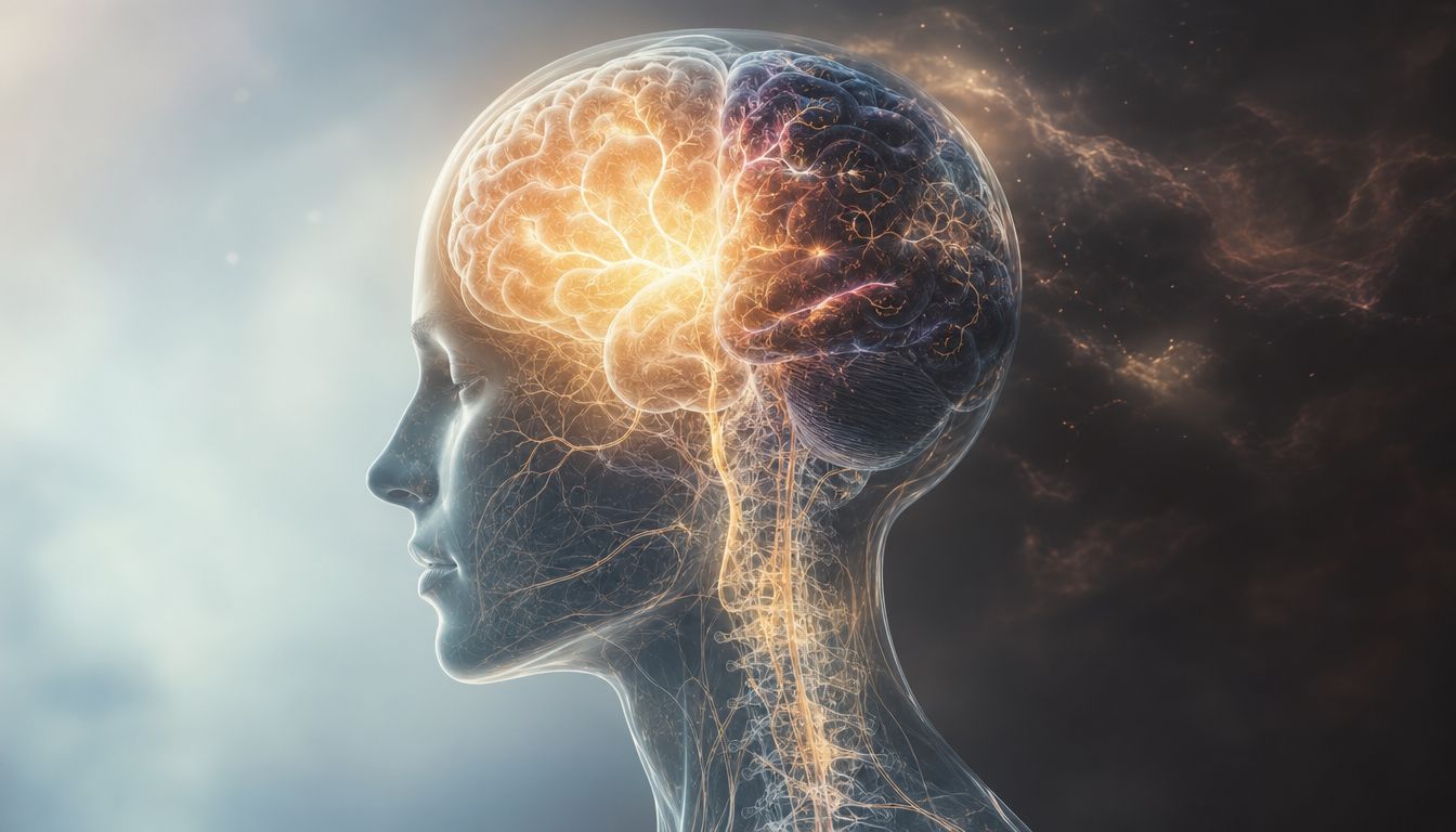 A digital illustration of a human head silhouette with a glowing brain contrasting bright light and dark shadows.