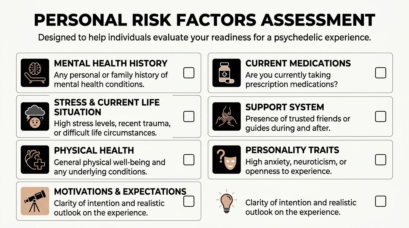 A checklist titled Personal Risk Factors Assessment for evaluating readiness for a psychedelic experience.