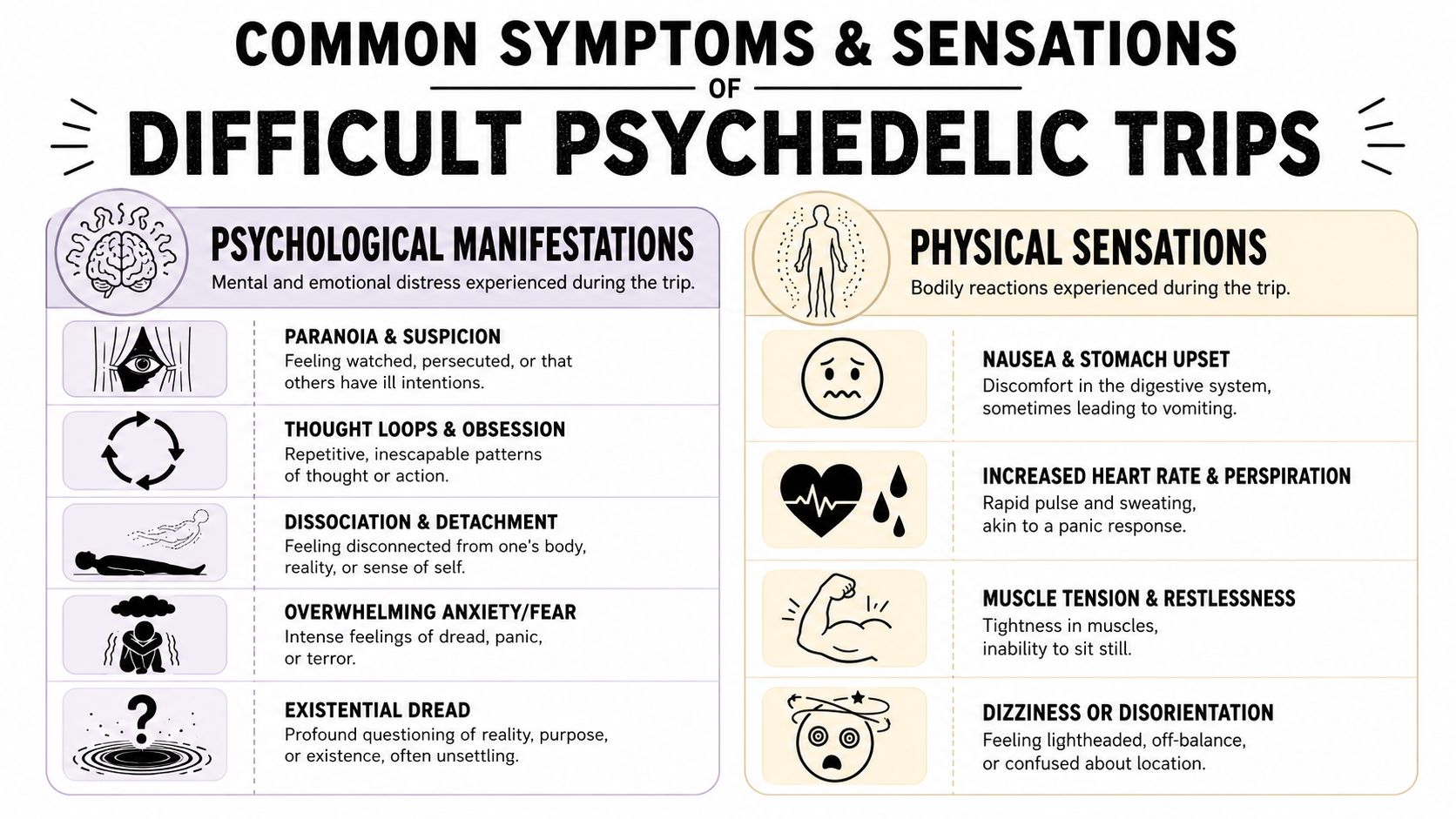 An infographic detailing common psychological and physical symptoms experienced during a difficult psychedelic trip or bad trip.