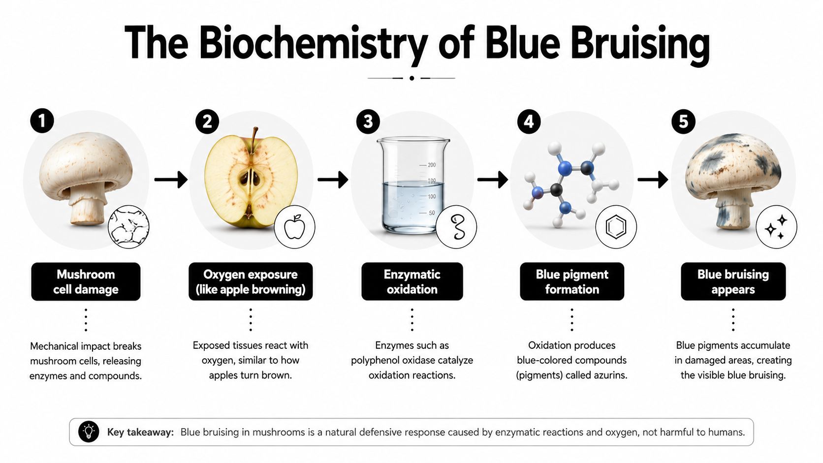 A five-step infographic explaining the biochemical process of why certain mushrooms develop blue bruising after damage.