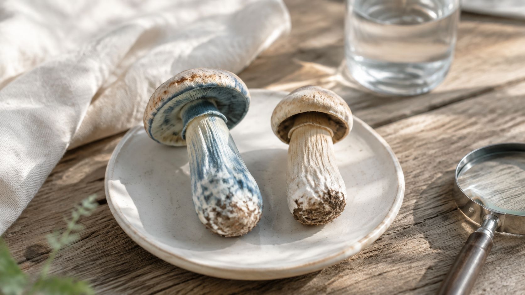 Two raw mushrooms, one with distinct blue bruising on the stem, sitting on a white ceramic plate.