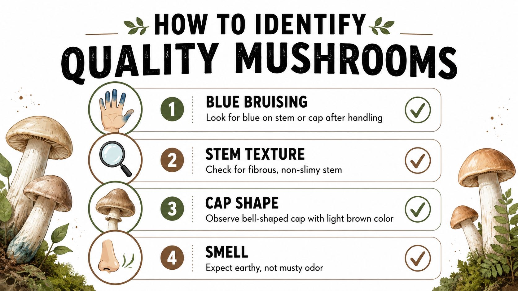 An infographic illustrating four key steps to identify quality mushrooms, including bruising, texture, shape, and smell.