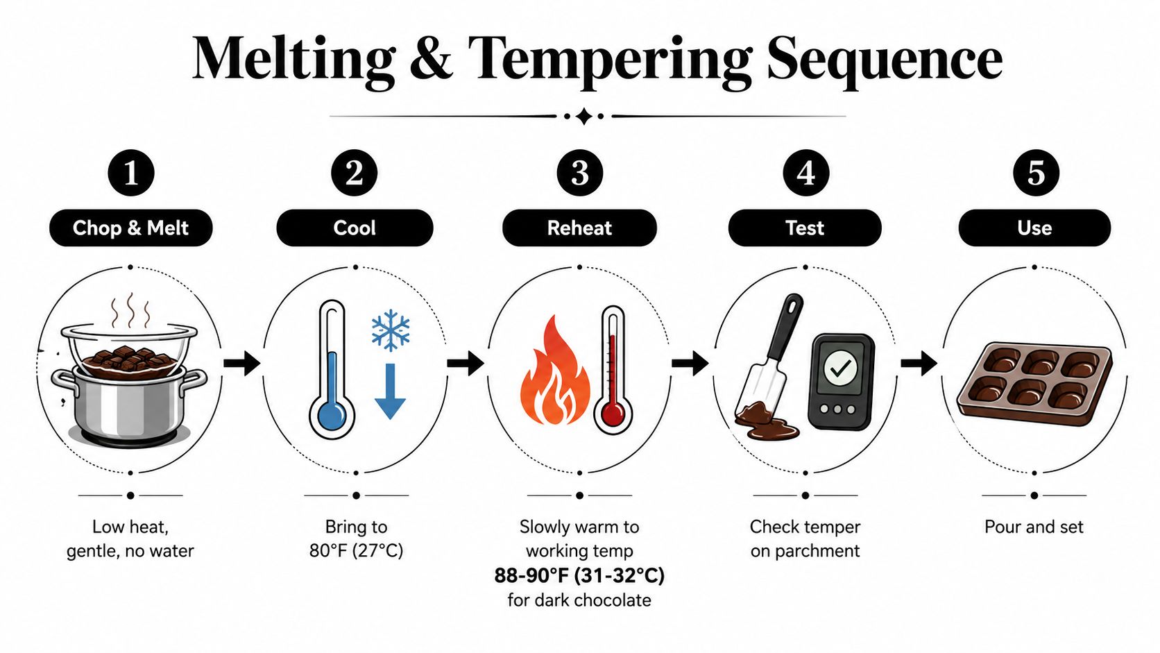An infographic illustrating the five-step melting and tempering sequence for working with dark chocolate.