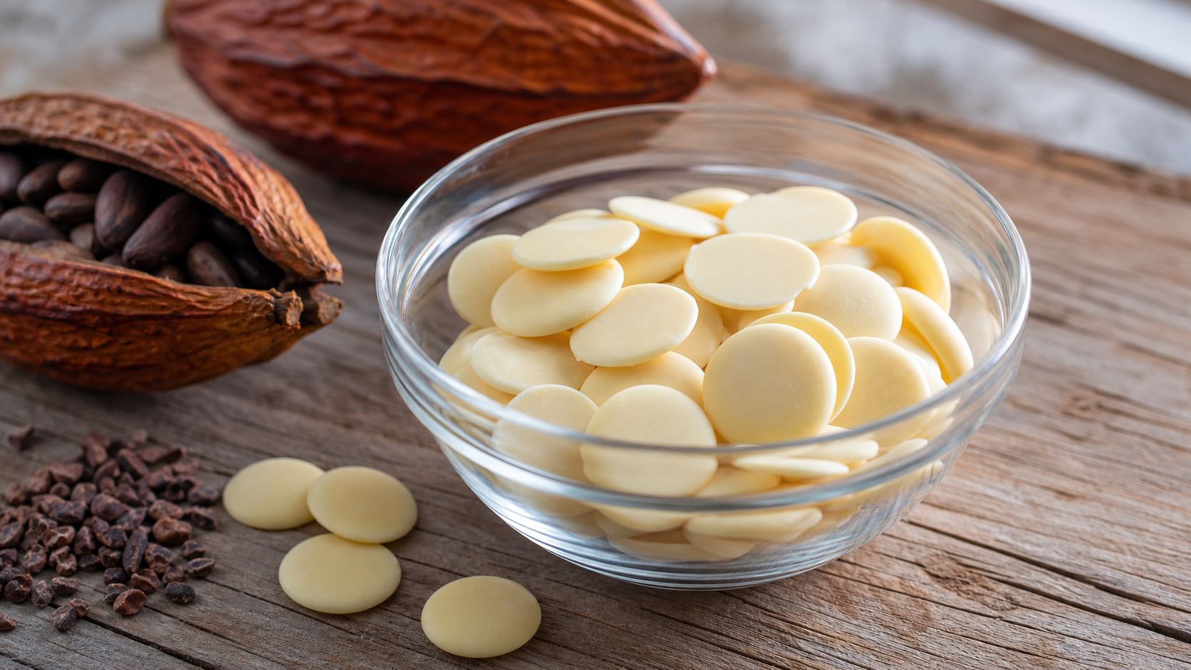 A glass bowl filled with white cocoa butter wafers sitting on a wooden table beside raw cocoa pods.